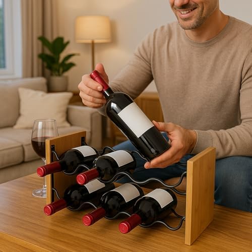 Creative Home Freestanding Wine Rack with Acacia Wood and Black Wire