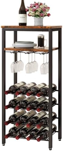 IBUYKE Freestanding Wine Rack 16 Bottles 2-Tier Tabletop with Glass Holders