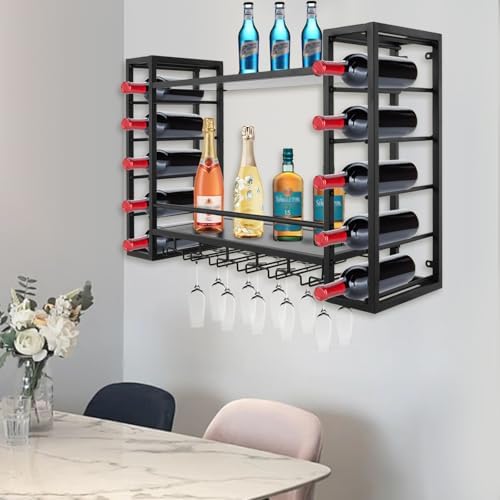 NDKASHF Wall Mounted Wine Rack - 2-Tier with Glass and Bottle Holders Black