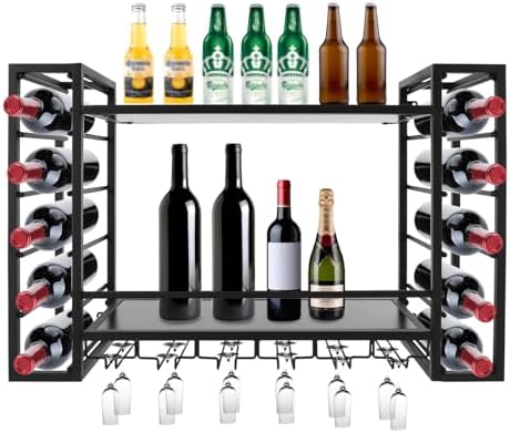 NDKASHF Wall Mounted Wine Rack - 2-Tier with Glass and Bottle Holders Black