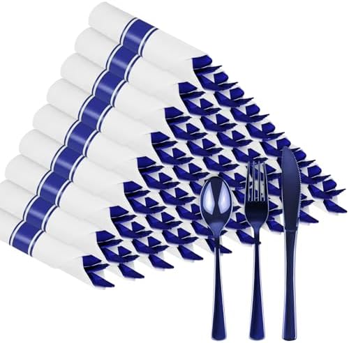 60 Pack Blue Pre-Rolled Plastic Cutlery Set
