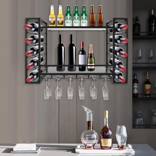 NDKASHF Wall Mounted Wine Rack - 2-Tier with Glass and Bottle Holders Black