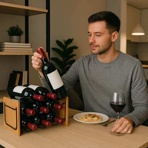 Creative Home Freestanding Wine Rack with Acacia Wood and Black Wire