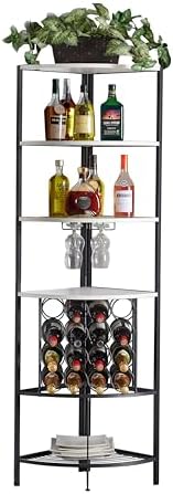 5 Tier Corner Wine Rack with Glass Holder White OakBlack