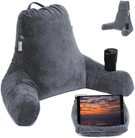 XL Memory Foam Reading Pillow with Armrests and Cup Holder - Charcoal Grey