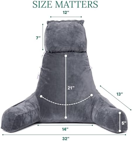 XL Memory Foam Reading Pillow with Armrests and Cup Holder - Charcoal Grey