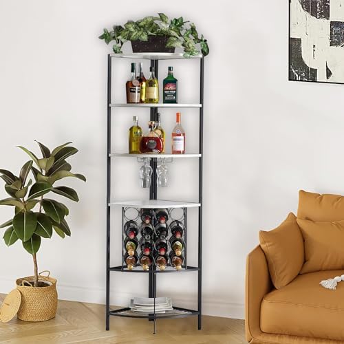 5 Tier Corner Wine Rack with Glass Holder White OakBlack