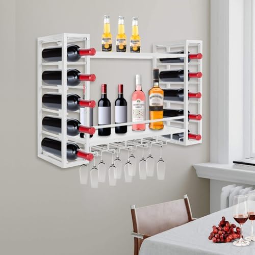 Wall Mounted Wine Rack with Glass Holders - 2-Tier White 33In