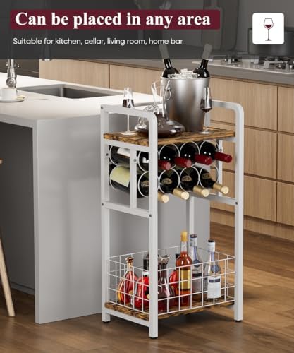 3-Tier Freestanding Wine Rack with Wood Top and Metal Frame