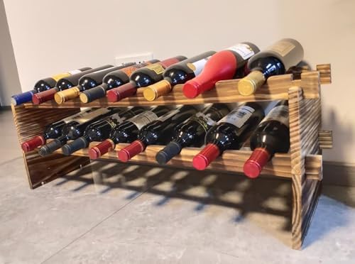 LoongZDD Carbonized Pine Wood Wine Rack - 2 Tier 16 Bottle Capacity Freestanding