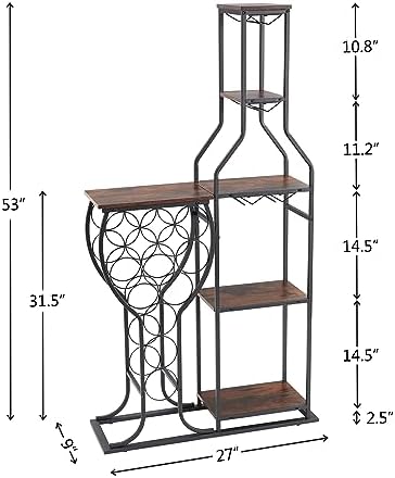 5-Tier Freestanding Wine Rack with Hanging Glass Holder Antique Brown