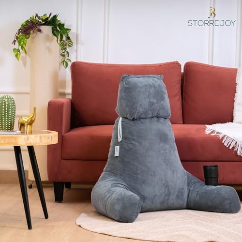 XL Memory Foam Reading Pillow with Armrests and Cup Holder - Charcoal Grey