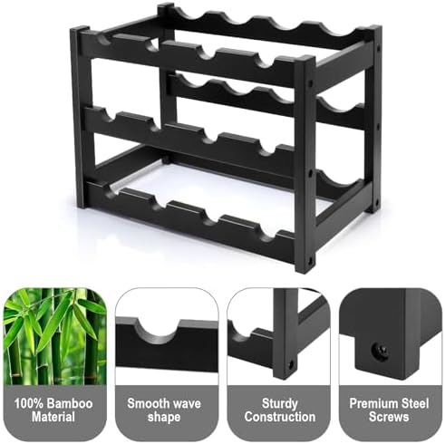 Thalomely 3-Tier Bamboo Wine Rack Black 12 Bottle Storage