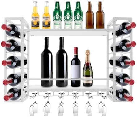 Wall Mounted Wine Rack with Glass Holders - 2-Tier White 33In
