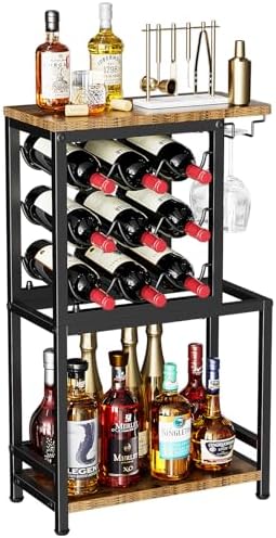 Nuovoware 3 Tier Wine Rack Tabletop with Glasses Holder BlackBrown