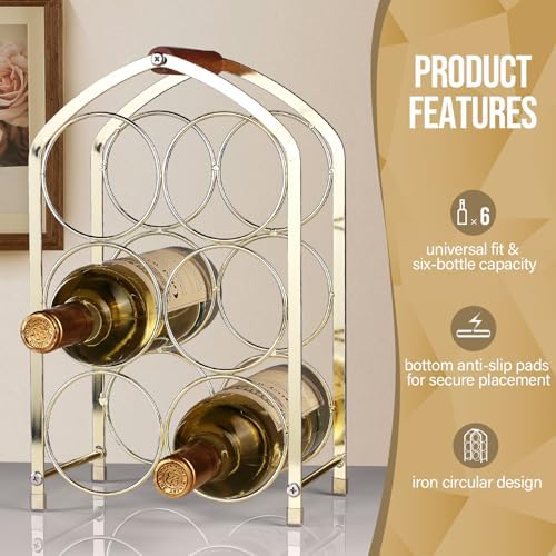 Drincarier 6 Bottle Countertop Wine Rack - Gold Metal 3 Tier Storage Stand