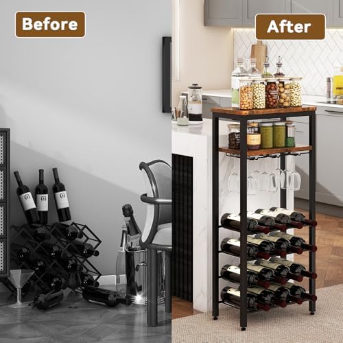 IBUYKE Freestanding Wine Rack 16 Bottles 2-Tier Tabletop with Glass Holders