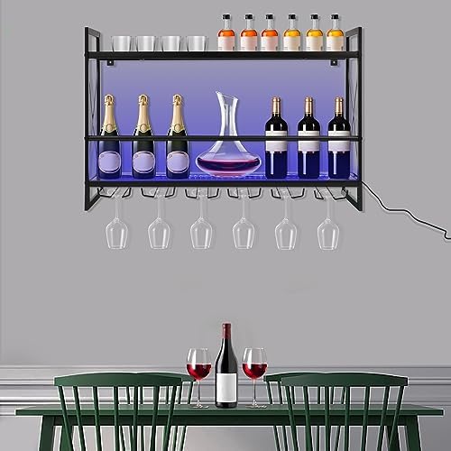 Industrial Wine Bar Cabinet with LED Light and 2 Tier Shelves