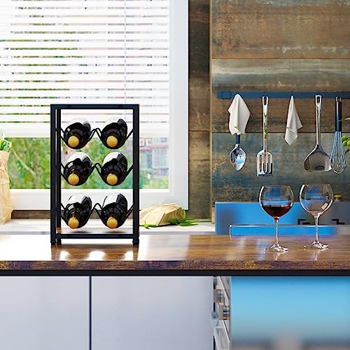 IBUYKE 6-Bottle Rustic Wood Wine Rack 3 Tier Freestanding
