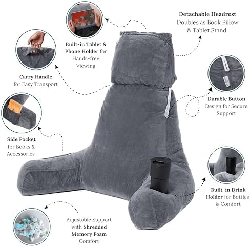 XL Memory Foam Reading Pillow with Armrests and Cup Holder - Charcoal Grey