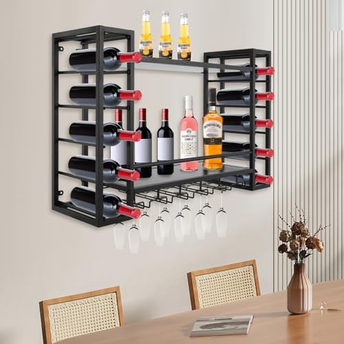 NDKASHF Wall Mounted Wine Rack - 2-Tier with Glass and Bottle Holders Black