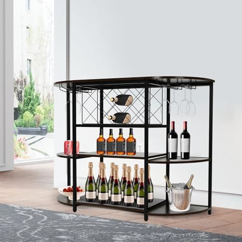 Delianty 3-Tier Wine Rack Table with Glass Holders Rustic Brown