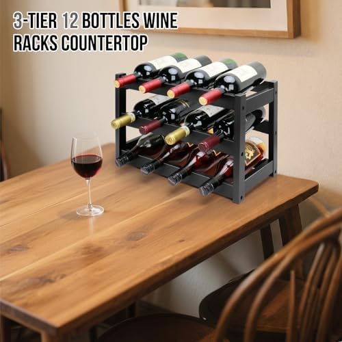 Thalomely 3-Tier Bamboo Wine Rack Black 12 Bottle Storage