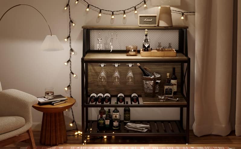Bestier Freestanding Wine Rack Coffee Bar Table with Storage Gray