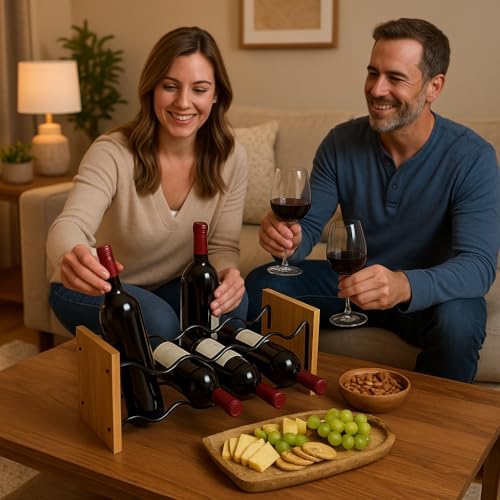 Creative Home Freestanding Wine Rack with Acacia Wood and Black Wire