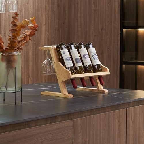 Stylish Pine Wood Wine Rack with Cup Holder