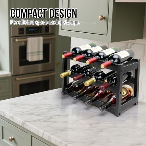 Thalomely 3-Tier Bamboo Wine Rack Black 12 Bottle Storage
