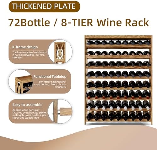 Solid Wood Wine Rack 8 Tier 72 Bottles Freestanding