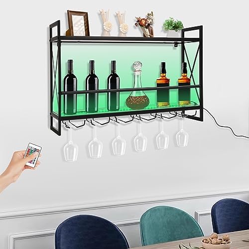Industrial Wine Bar Cabinet with LED Light and 2 Tier Shelves