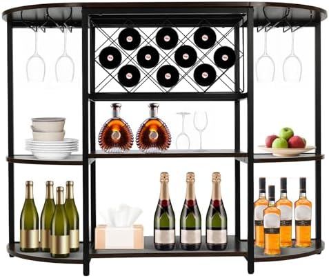 Delianty 3-Tier Wine Rack Table with Glass Holders Rustic Brown