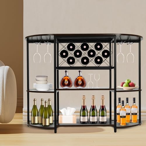 Delianty 3-Tier Wine Rack Table with Glass Holders Rustic Brown