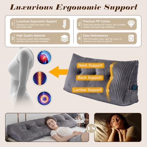 Activance Large Triangular Headboard Pillow with Removable Cover Grey