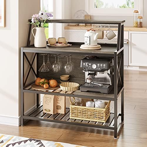 Bestier Freestanding Wine Rack Coffee Bar Table with Storage Gray