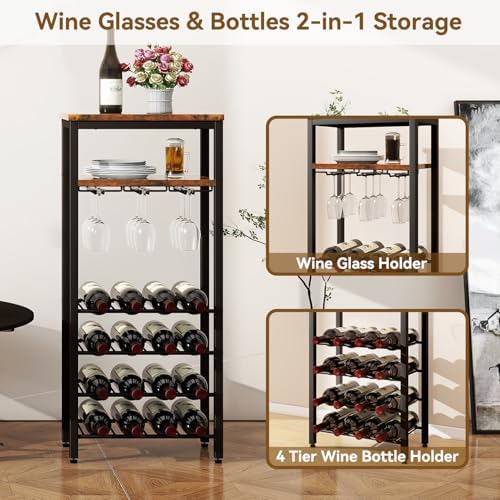 IBUYKE Freestanding Wine Rack 16 Bottles 2-Tier Tabletop with Glass Holders