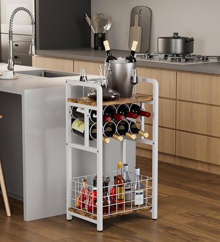 3-Tier Freestanding Wine Rack with Wood Top and Metal Frame
