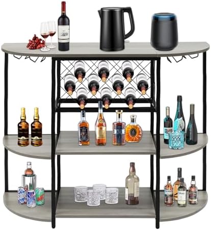 3-Tier Freestanding Wine Rack Table with Storage and Glass Holders Grey
