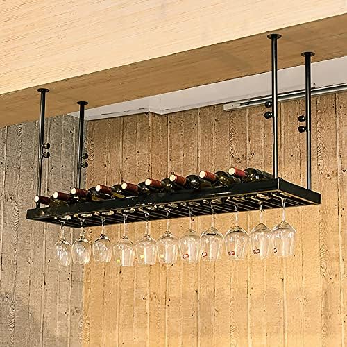 Black Wall-Mounted Wine Rack with Glass Holder Adjustable
