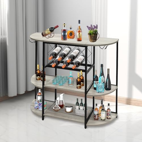 3-Tier Freestanding Wine Rack Table with Storage and Glass Holders Grey