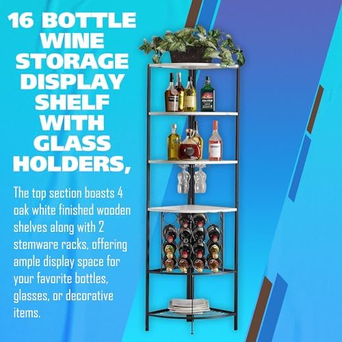 5 Tier Corner Wine Rack with Glass Holder White OakBlack
