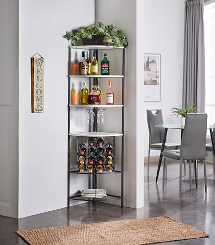 5 Tier Corner Wine Rack with Glass Holder White OakBlack