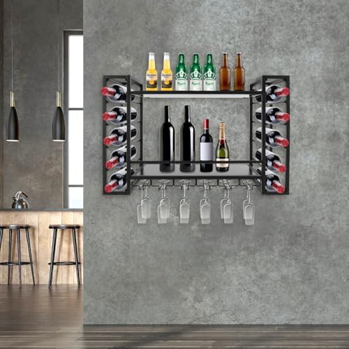 NDKASHF Wall Mounted Wine Rack - 2-Tier with Glass and Bottle Holders Black