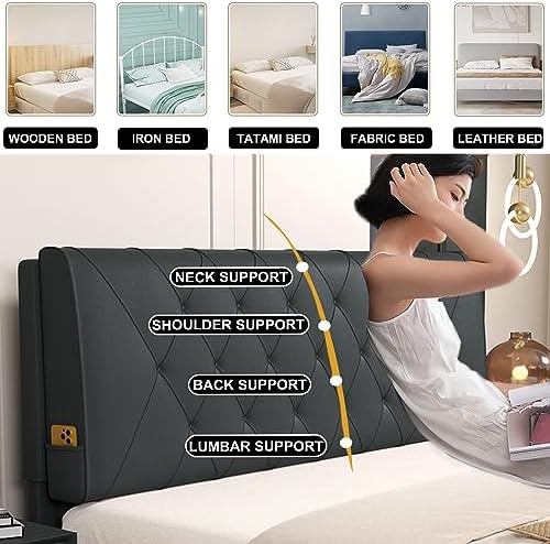 Faux Leather Headboard Cushion Black with Straps 79 Inch