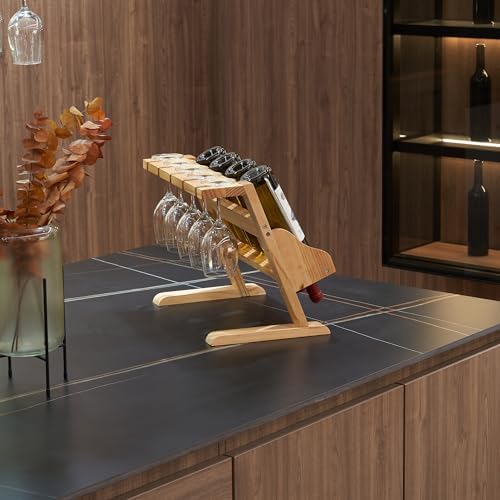 Stylish Pine Wood Wine Rack with Cup Holder