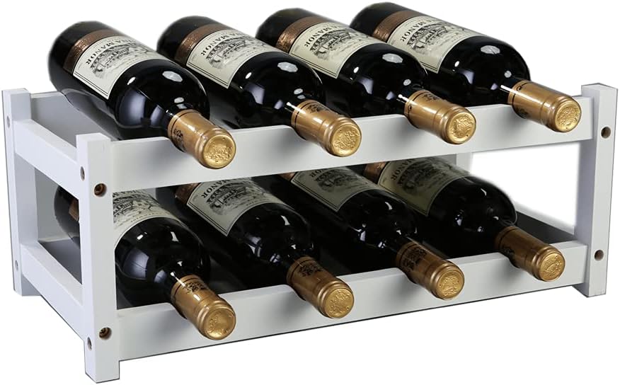 Kework Bamboo Wine Rack 8 Bottles Free Standing Storage Shelf White