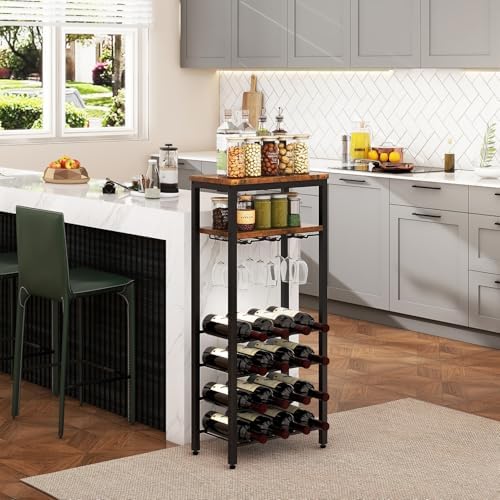 IBUYKE Freestanding Wine Rack 16 Bottles 2-Tier Tabletop with Glass Holders