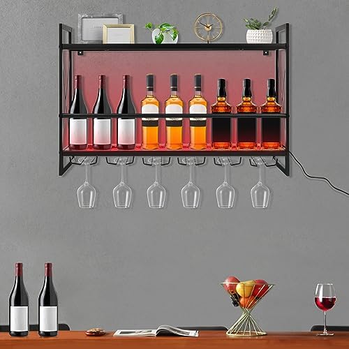 Industrial Wine Bar Cabinet with LED Light and 2 Tier Shelves